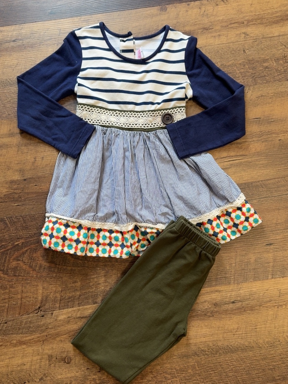 Ricrac & Ruffles Navy Striped & Patterned Tunic with Olive Leggings
